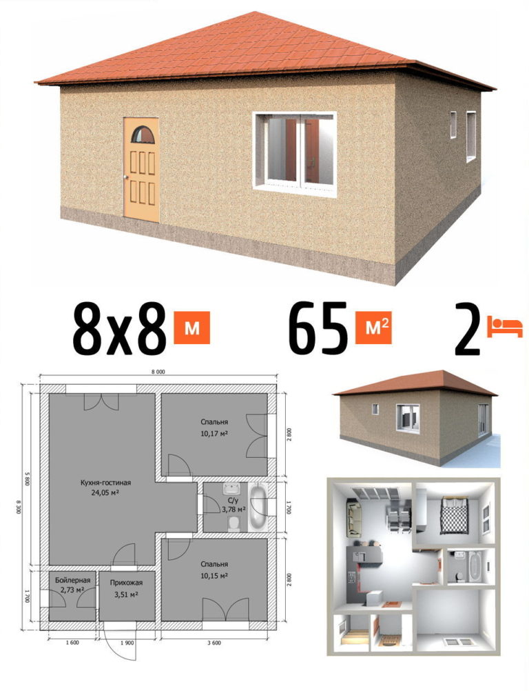 Проект дома 64 кв.м 2 спальни 8 на 8 одноэтажный - стоимость под ключ фото и планы