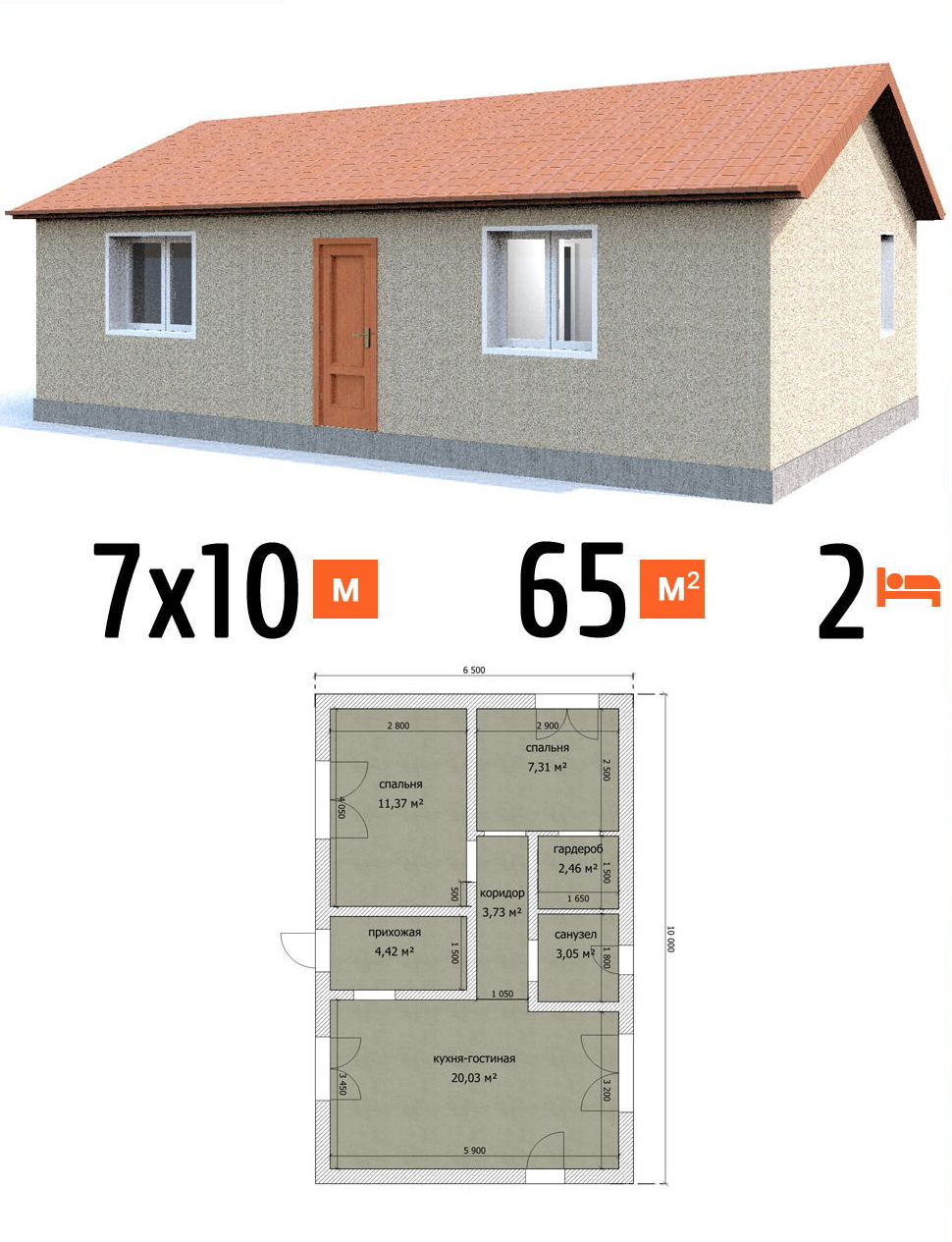 Проект дома 65 кв.м 2 спальни 7 на 10 одноэтажный - стоимость строительства фото и планы