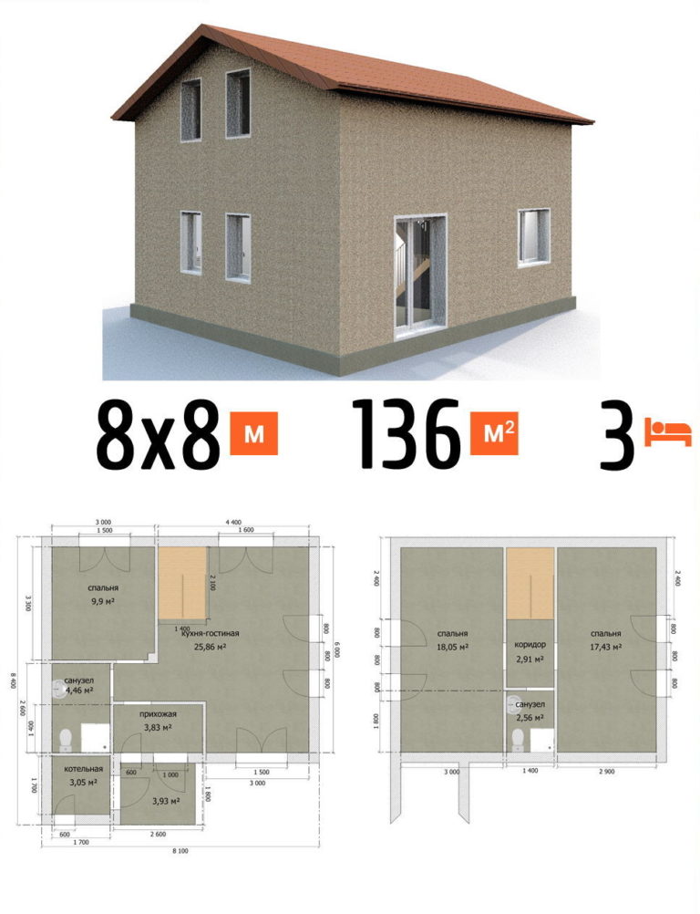 Проект дома 136 кв.м 3 спальни 8 на 8 двухэтажный - цена постройки фото и планы