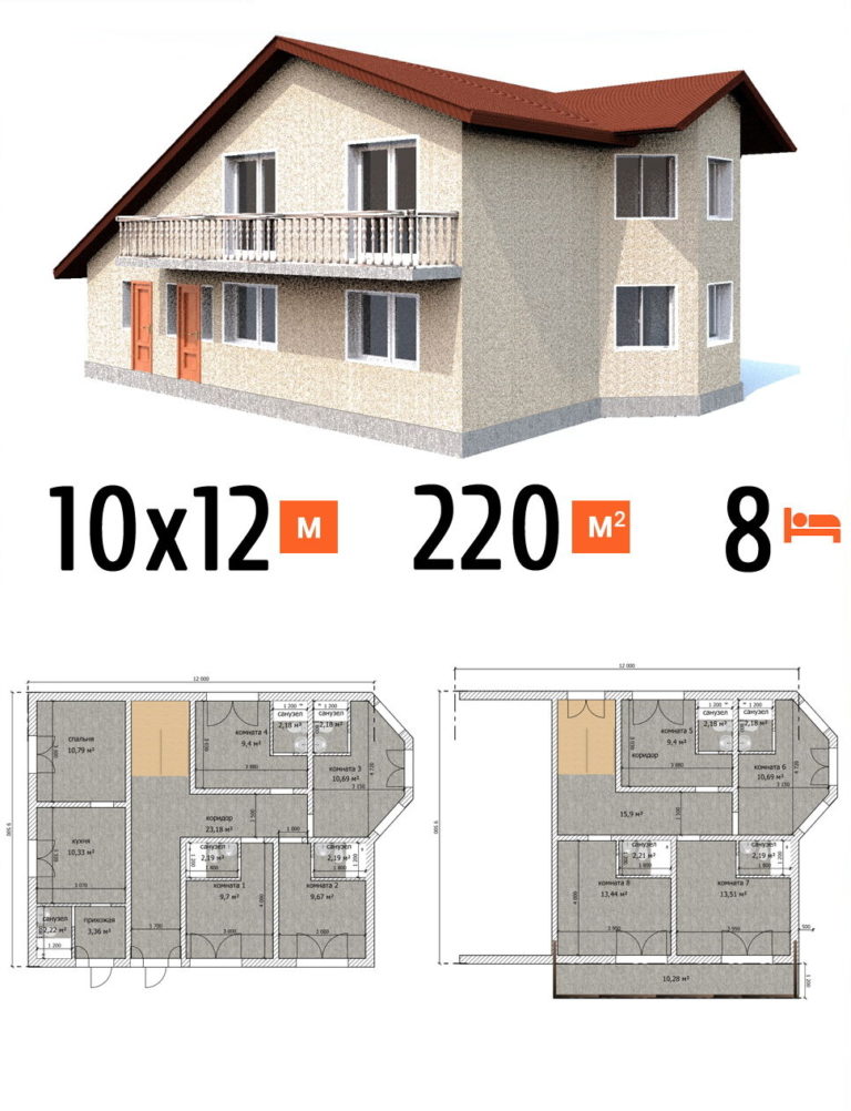 Проект гостиницы 220 кв.м 8 номеров 10 на 12 двухэтажная - цена строительства фото и планы