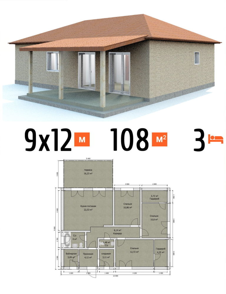 Проект дома 108 кв.м 3 спальни 9 на 12 одноэтажный - расчет под ключ фото и планы