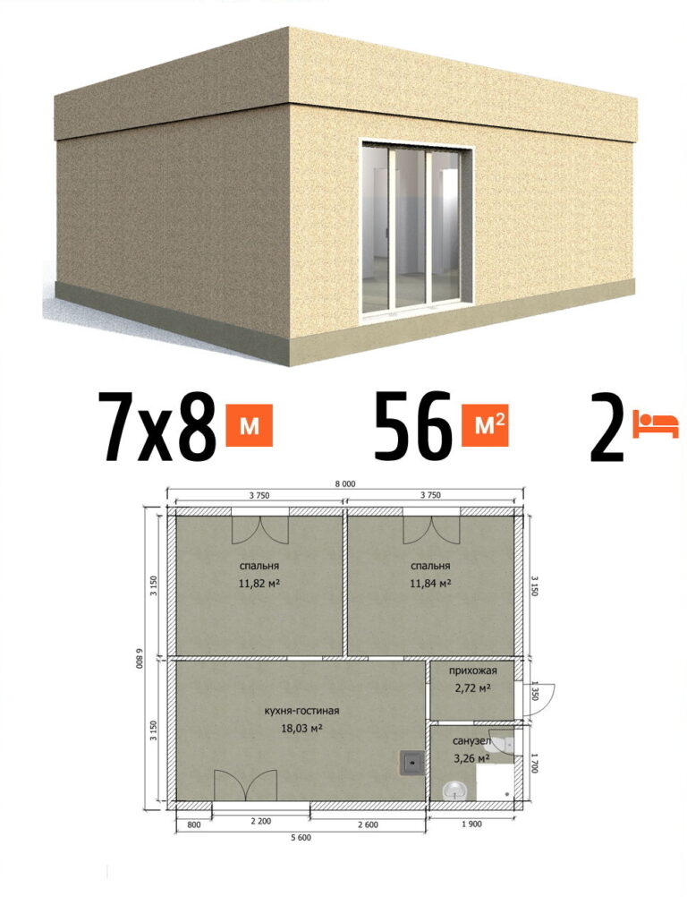 Проект дома 56 кв.м 2 спальни 7 на 8 одноэтажный - цена под ключ фото и планы